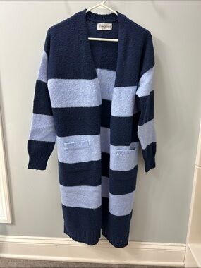 Striped Open-Front Long Cardigan Sweater - Navy & Light Blue